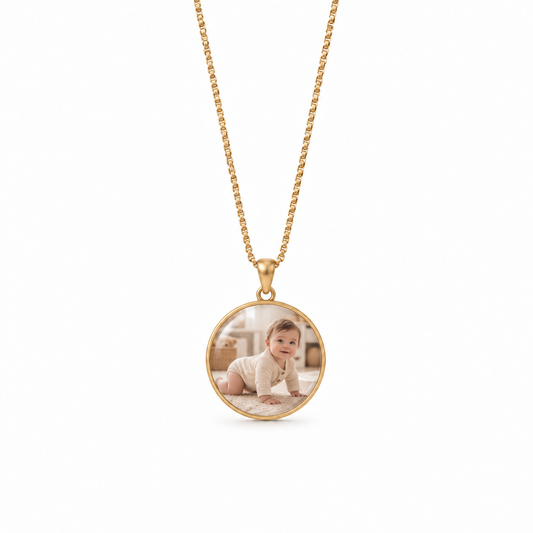 Round Time Gem Photo Pendant Necklace