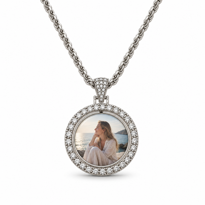 Sparkling Round Photo Time Gem Necklace