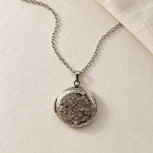 Floral Round Photo Locket Necklace