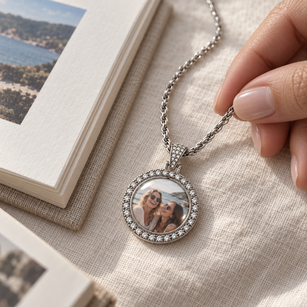 Sparkling Round Photo Time Gem Necklace