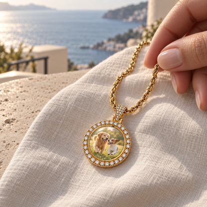 Sparkling Round Photo Time Gem Necklace