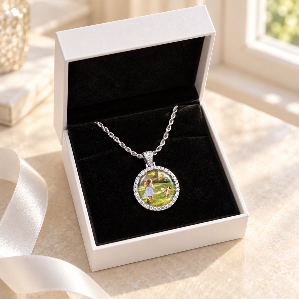 Double Halo Photo Time Gem Necklace
