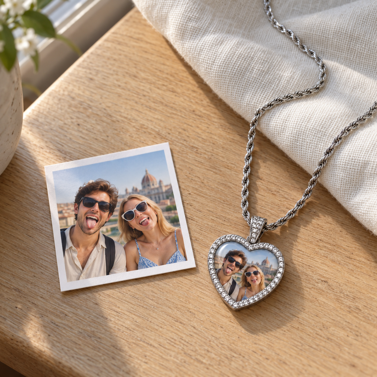 Sparkling Heart Photo Time Gem Necklace