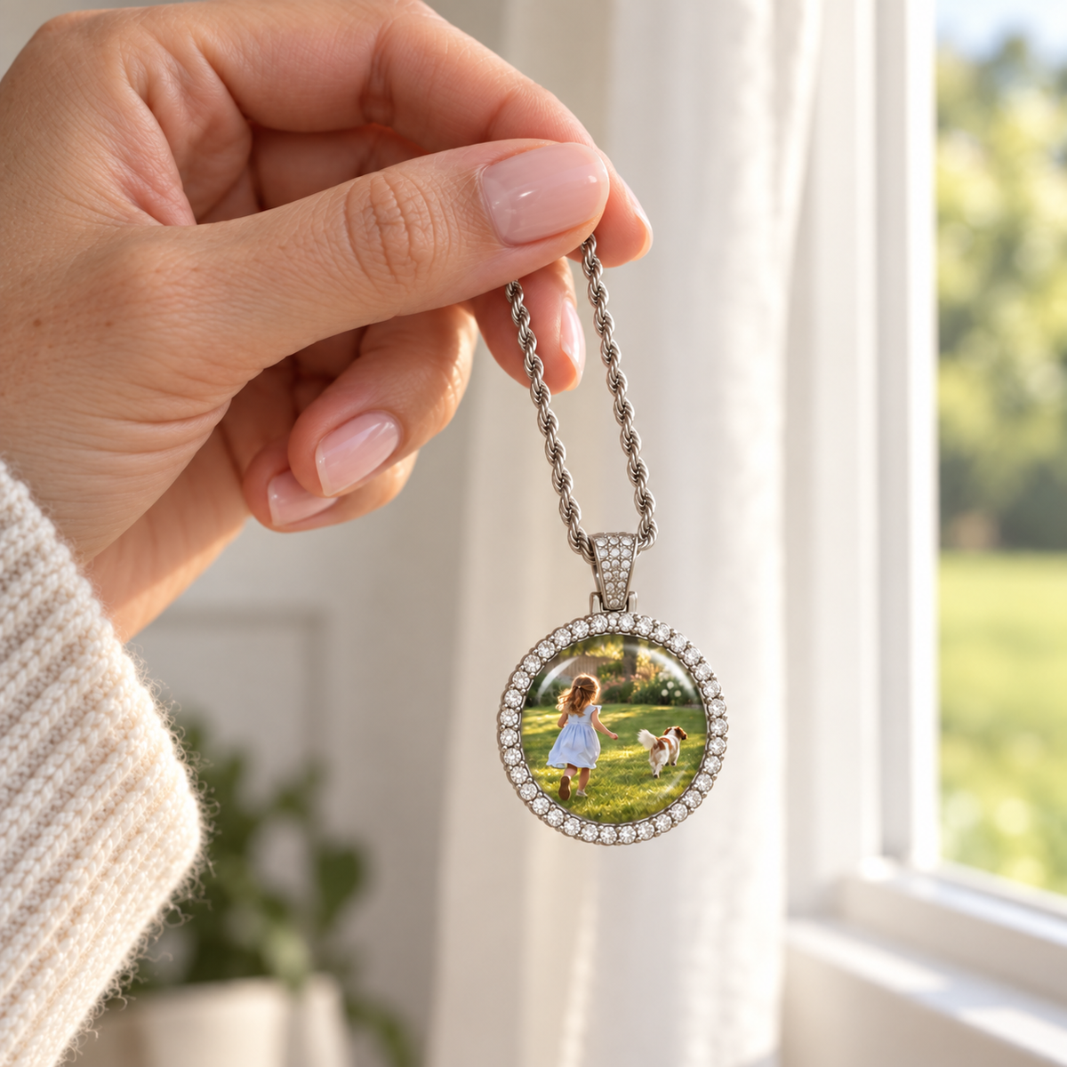 Double Halo Photo Time Gem Necklace