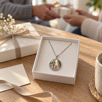 Round Time Gem Photo Pendant Necklace