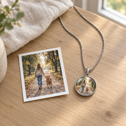 Round Time Gem Photo Pendant Necklace