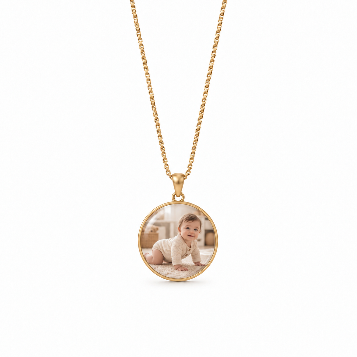 Round Time Gem Photo Pendant Necklace
