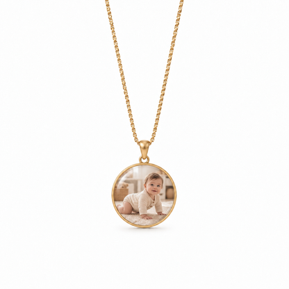 Round Time Gem Photo Pendant Necklace