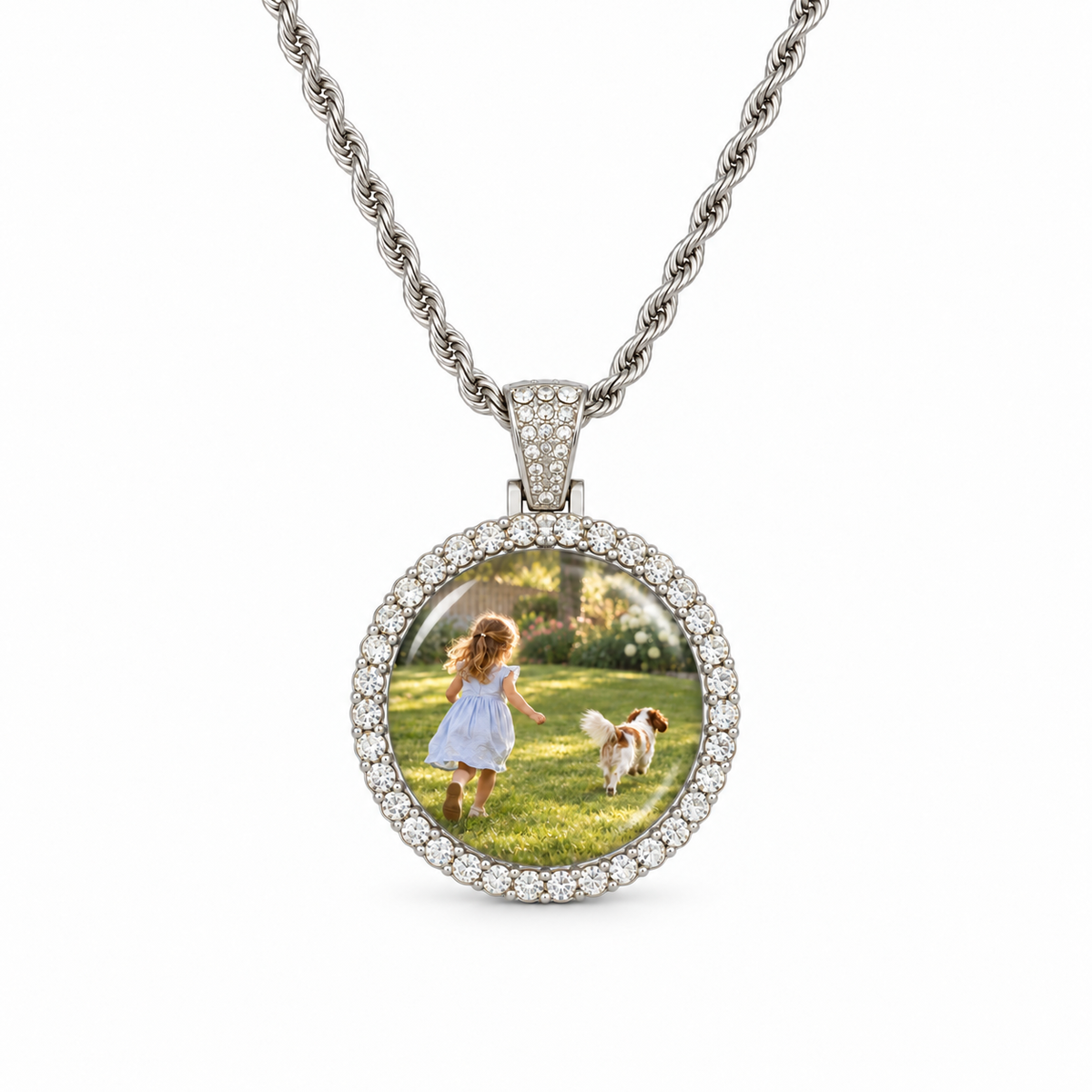 Double Halo Photo Time Gem Necklace