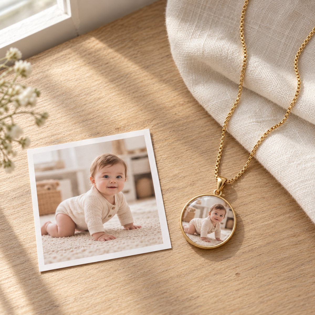 Round Time Gem Photo Pendant Necklace