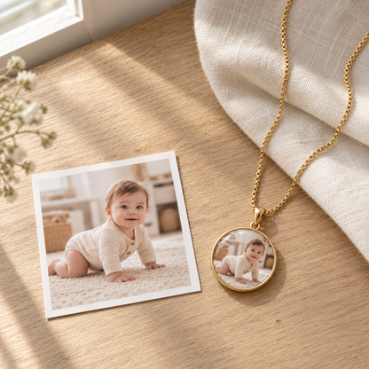 Round Time Gem Photo Pendant Necklace