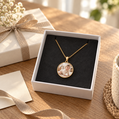 Round Time Gem Photo Pendant Necklace