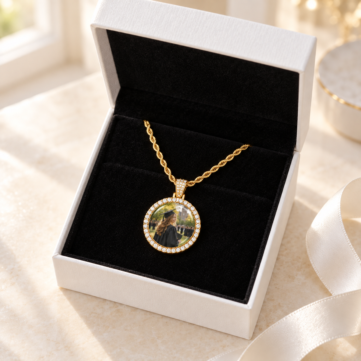 Double Halo Photo Time Gem Necklace