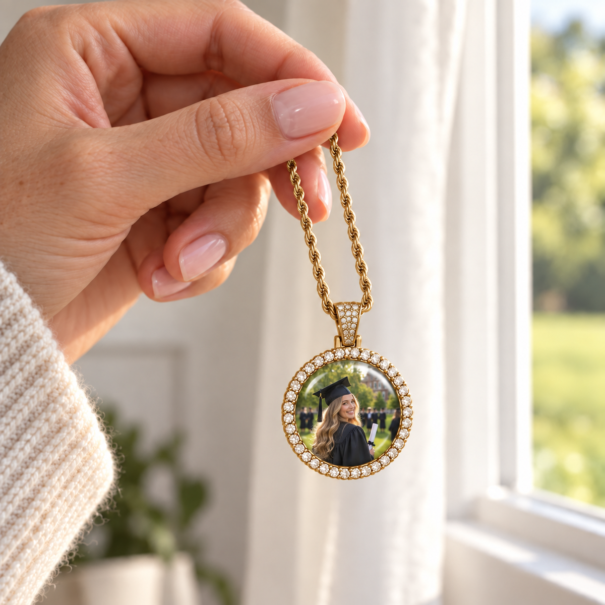 Double Halo Photo Time Gem Necklace
