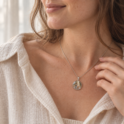 Round Time Gem Photo Pendant Necklace