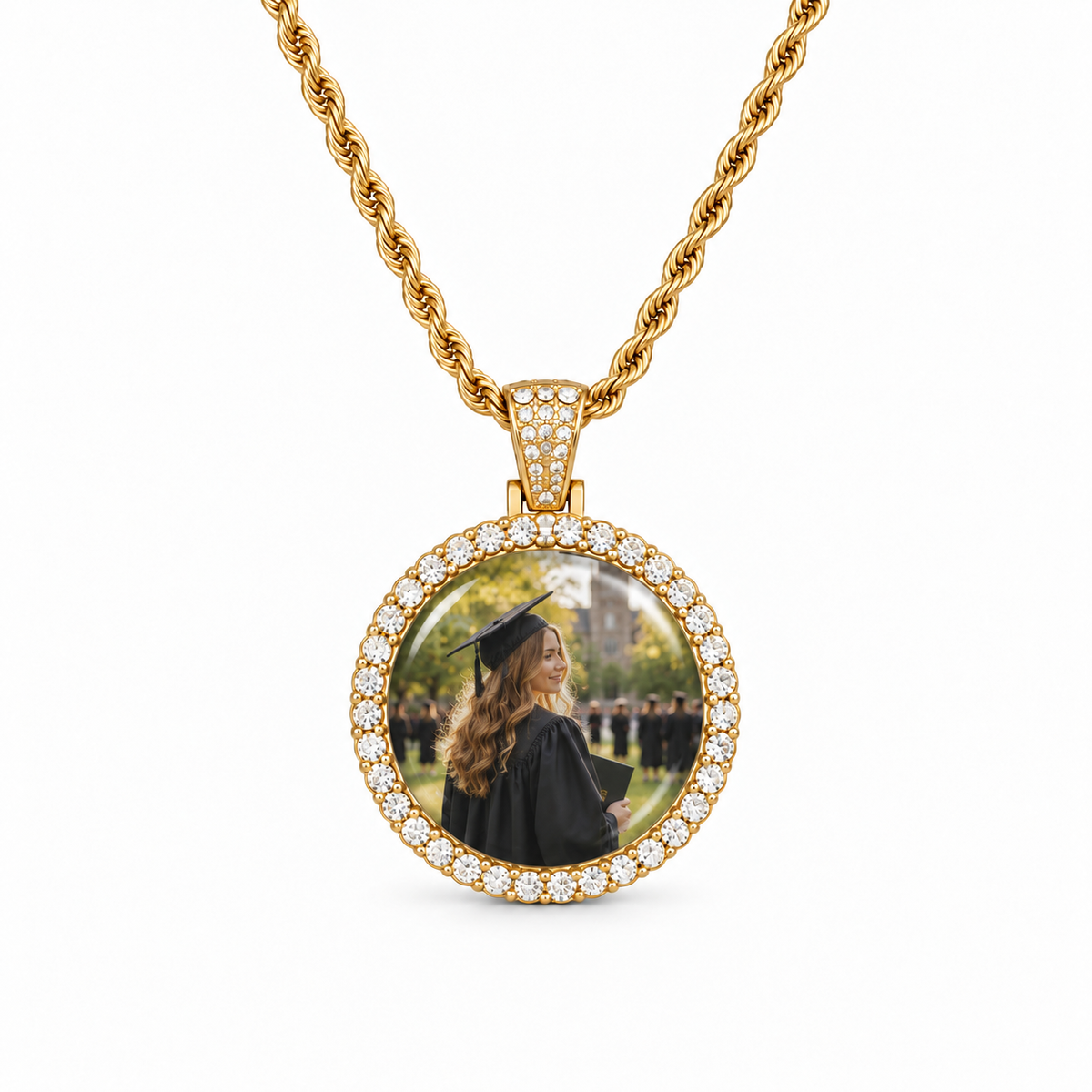 Double Halo Photo Time Gem Necklace