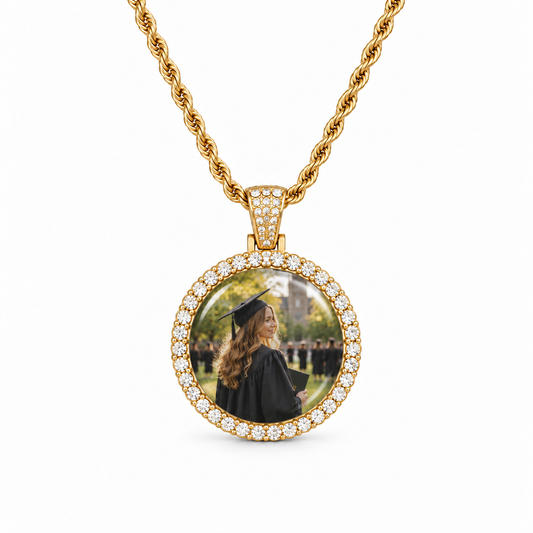 Double Halo Photo Time Gem Necklace